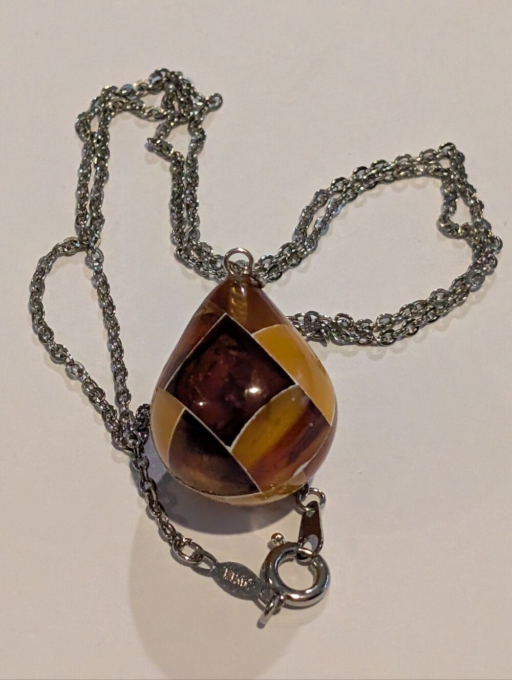 Vintage Multicolor Amber Mosaic Pendant - Teardrop Shape - 18k Gold Plate Chain!